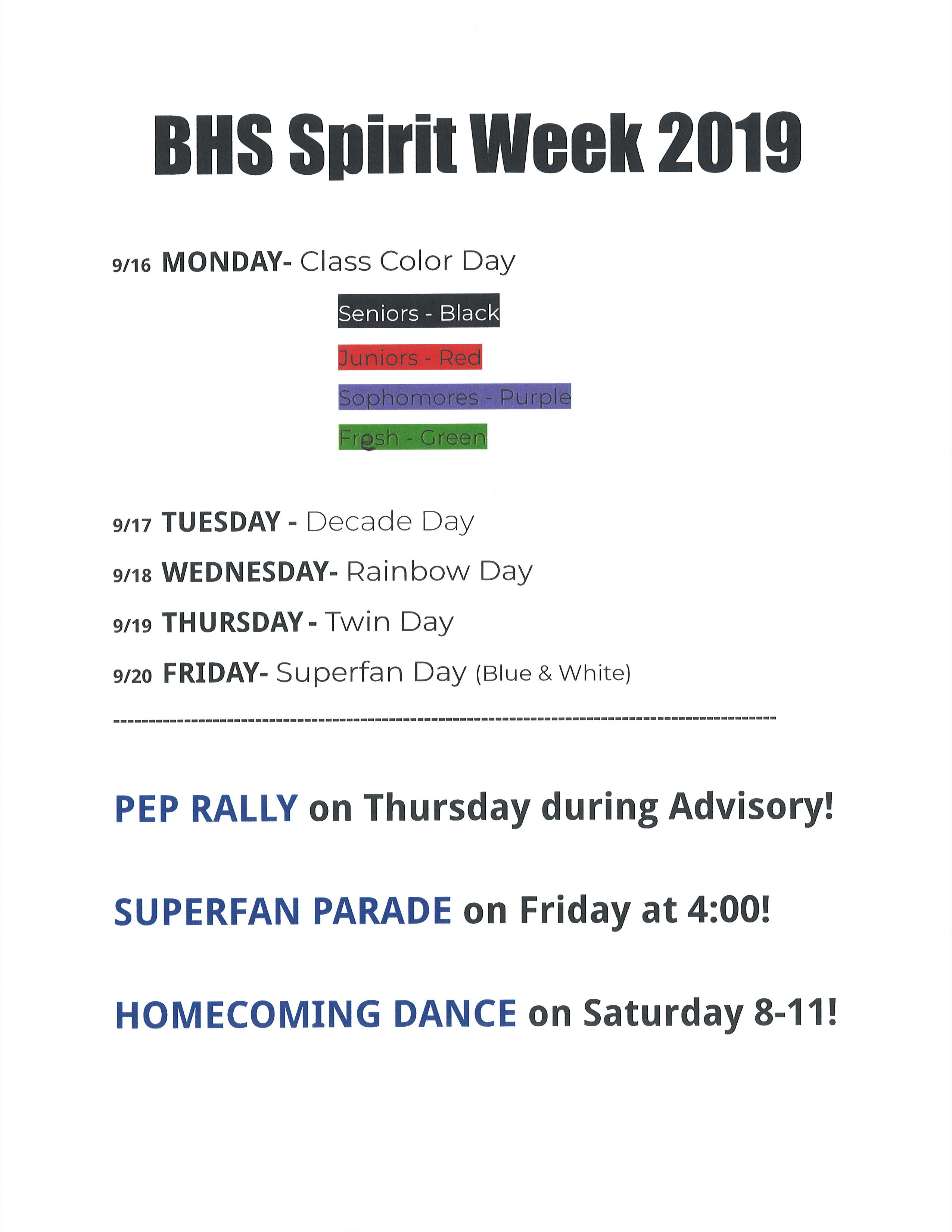 BHS spirit week schedule 19-20