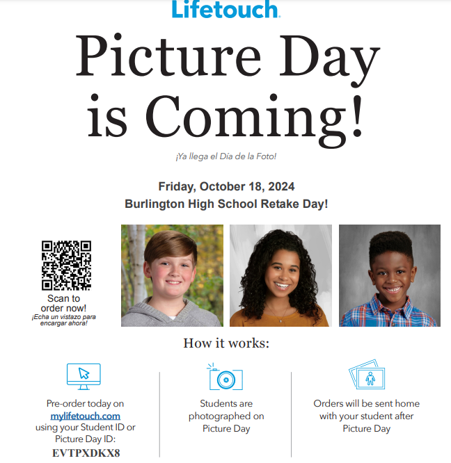 Picture day poster, with new date, images of kids and how-to instructions for ordering & reordering photos.