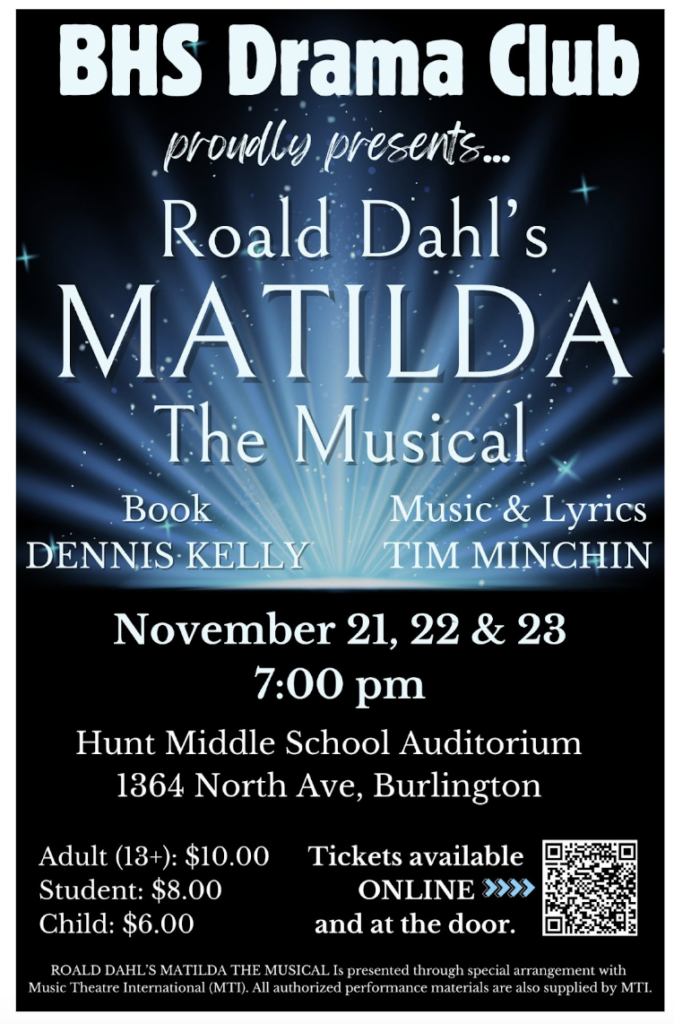 BHS drama club Matilda poster, with dates, location and ticket prices.