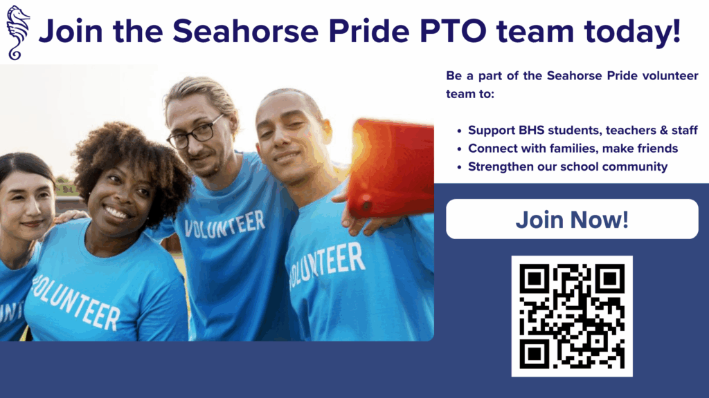 Join Seahorse Pride PTO team with image of a group of people and QR code to join.