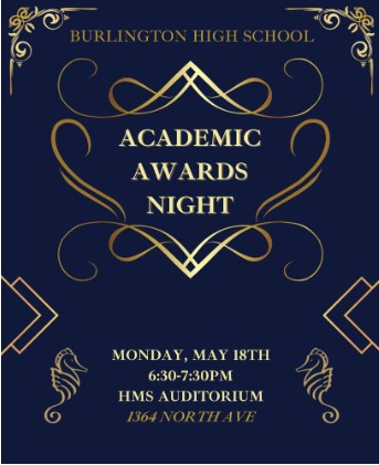 Blue & gold poster with Academic Awards night info