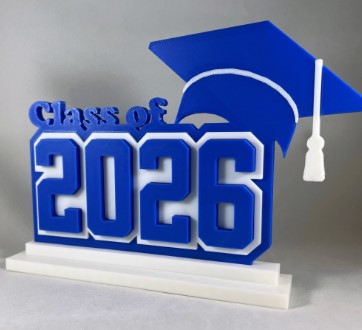 Class of 2026 blue and white image with cap and tassel